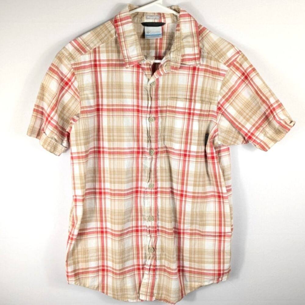 Columbia Sportswear Shirt Small Plaid Short Sleeve Button Front Cotton Beige Red